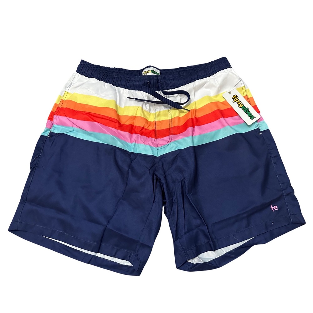 Tipsy Elves Mens Swim Trunks Navy Blue with Stripes Retro Board Shorts NWT XL